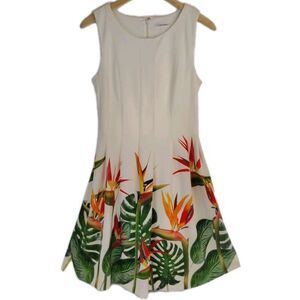 Calvin Klein Bird Of Paradise Dress White Orange Green Fit & Flare Stretch  Sm